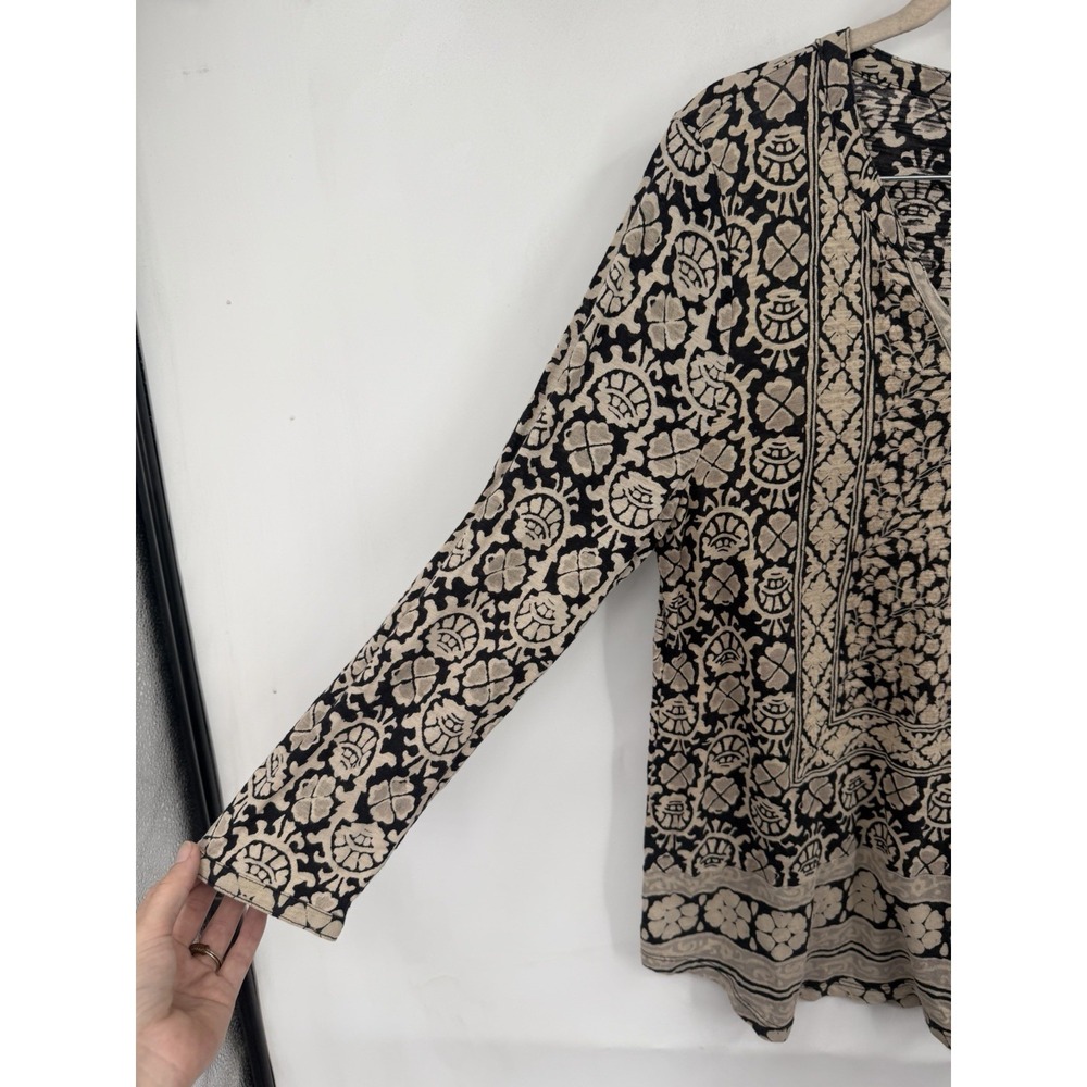 Lucky Brand Women Large Brown Boho Geometric Print Top 3/4 Sleeve Lightweight - Picture 9 of 10
